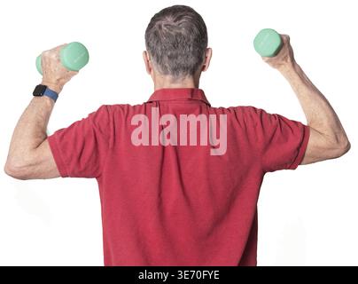 Senior man in red shirt exercising with arm or hand weights and isolated against white background Stock Photo