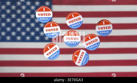 Multiple I Voted Today stickers ready for voters in the US elections with flag in background Stock Photo