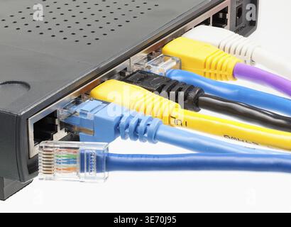 Macro shot of plugs on cat5e cables of many colors isolated against white background plugged into router Stock Photo