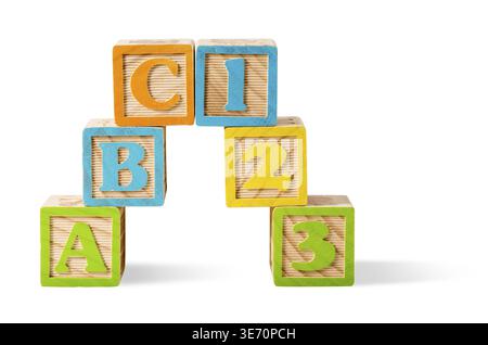 ABC and 123 Number wooden blocks stacked on white background and isolated with path Stock Photo