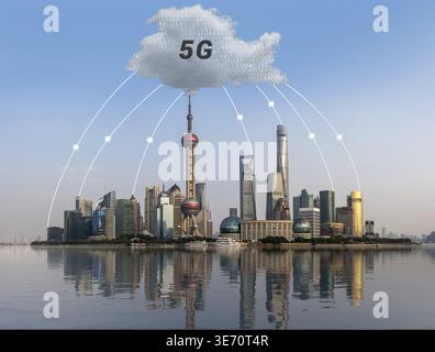 Cloud computing and internet data concept using panoramic view of Shanghai skyline Stock Photo