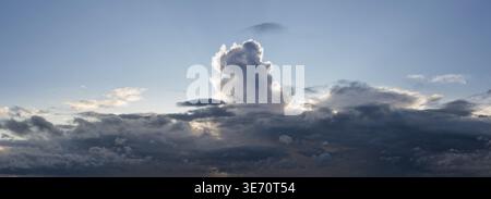 High resolution panoramic cloudscape of stormy clouds at sunset or dusk Stock Photo