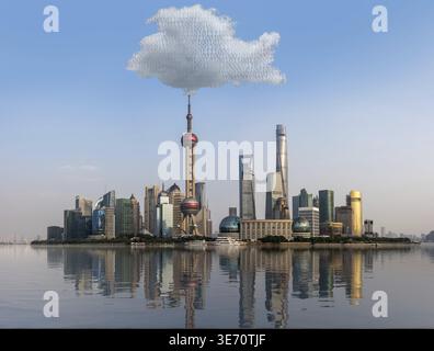 Cloud computing and internet data concept using panoramic view of Shanghai skyline Stock Photo