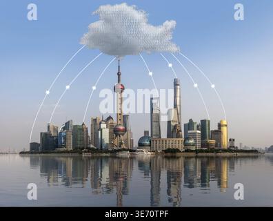 Cloud computing and internet data concept using panoramic view of Shanghai skyline Stock Photo