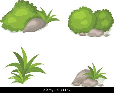 Flat vector set featuring lush green shrubs, decorative garden stones, and pointed grass tufts for landscape design. Stock illustration. Stock Vector