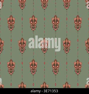 Vertical Olive Bohemian Medallion Stripe Stock Vector