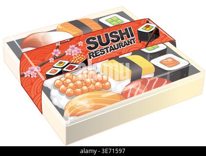 Isometric vector illustration of a takeout sushi box with nigiri, maki, and salmon roe Stock Vector