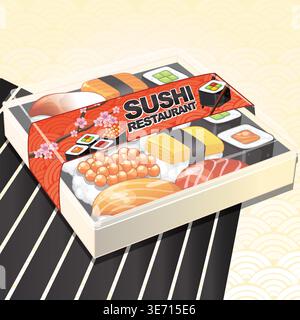 Isometric vector illustration of a sushi set in a box with red decorative paper sleeve Stock Vector