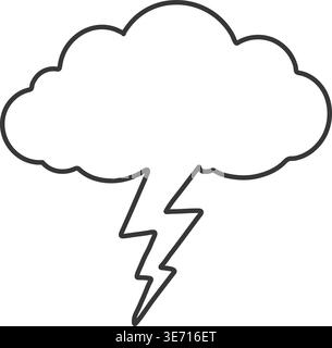 Minimal black outline illustration of a puffy cloud with a jagged lightning bolt extending downward. Stock Vector