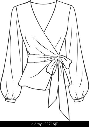 Fashion line drawing of a long sleeve wrap blouse featuring a deep v neckline gathered waist and a tied side bow. Stock Vector