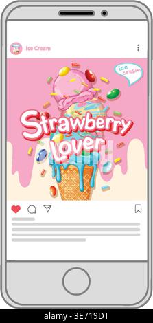 Vector illustration of a colorful ice cream cone displayed on a mobile phone screen interface Stock Vector
