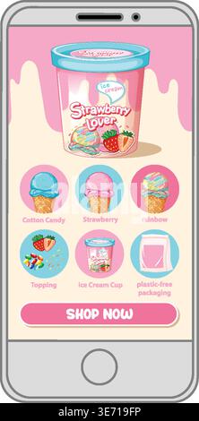 Vector illustration of a smartphone screen displaying various ice cream flavors and shop buttons Stock Vector