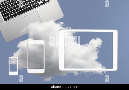 Concept image for cloud computing and online applications showing modern smartphone held in male hand up to sky Stock Photo