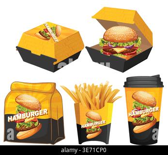 Vector illustration of branded fast food packaging including burger boxes, fries, and paper cup Stock Vector