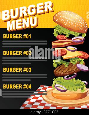 Vector burger menu layout includes deconstructed hamburger ingredients floating over a wooden serving board Stock Vector