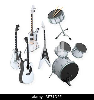 Collection of guitars and drum set with drumsticks isolated on white background. Concept of modern rock music. Stock Photo