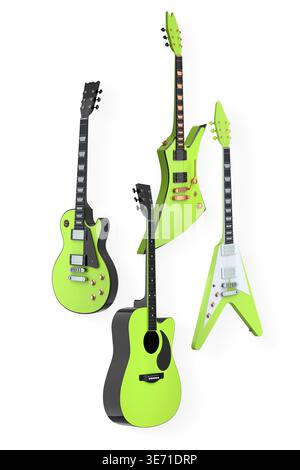 Set of electric and acoustic guitars with unique body shapes isolated on white background, concept of music variety. Stock Photo