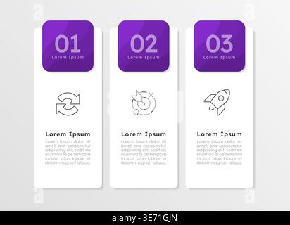 Corporate development presentation purple rectangle infographic 3 steps Stock Vector