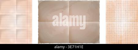 Antique grunge parchment texture collection. Vintage old crumpled paper sheet set isolated on transparent background, Stock Vector
