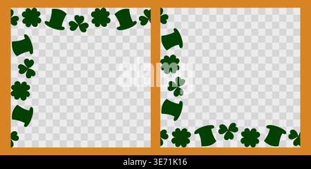 Set St Patrick Day Top and Bottom Corner Frames made of traditional holiday symbols Hat and clover. Vector illustration Greetings Thematic cards or Promo post, banner, leaflet, tag Copy space Template Stock Vector
