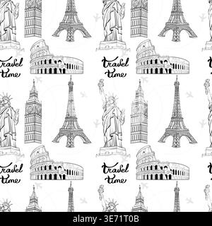 Seamless Travel Pattern with Landmarks and Travel Time Text Black and White Vector, Line Art Tourism Background Design Stock Vector