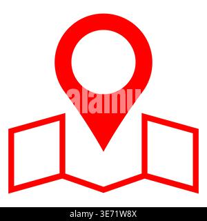 A bold red map pin icon centered above a simplified stylized map outline. Location marking or geolocation services. Minimalist and recognizable. Stock Vector