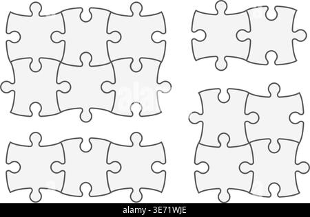 Jigsaw puzzle pieces template with blank frames for infographics. Vector illustration of interconnected parts forming complete picture grid layout for Stock Vector