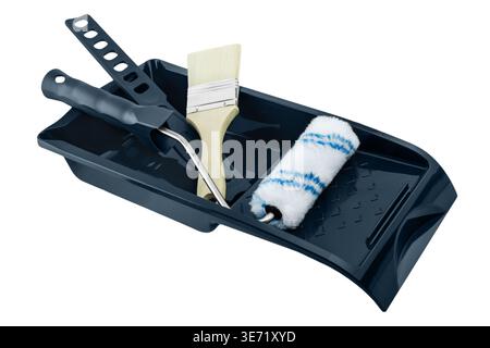 Painting tools paint set with brush, roll and tray isolated on white background Stock Photo