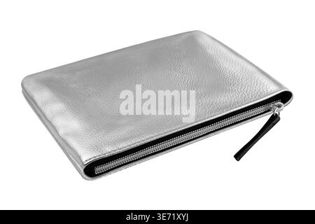 Silver case bag with slide fastener isolated on white background Stock Photo