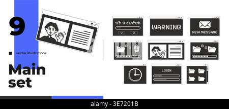 Comprehensive monochrome pixel pop-up window pack Stock Vector