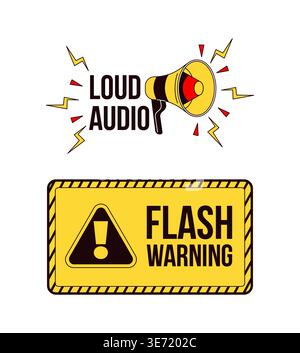 Loud audio and flash warning label overlays set Stock Vector