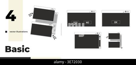 Essential blank monochrome pixel pop-up window pack Stock Vector