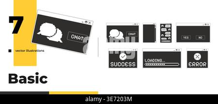 Basic chat and system monochrome pixel pop-up window pack Stock Vector