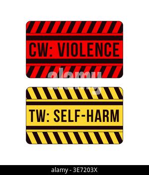 Violence and self harm content warning label overlays set Stock Vector