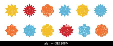 Starburst labels, price colorful tags crayon scribble texture, discount badge set. Sale circle sticker. Wavy, scallop edge promo blank. . Vector illustration Stock Vector