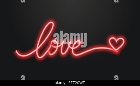 Neon love text and heart on dark background. Stock Vector