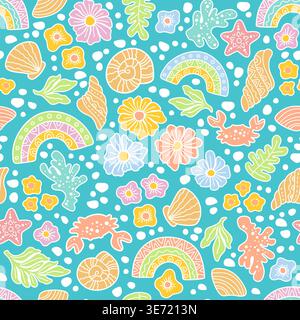 Hand drawn pastel seamless marine pattern with shells, corals, flowers, crabs and stars on turquoise, playful ocean themed boho background with soft Stock Vector