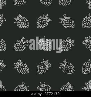 Seamless Pattern with White Outline Berries Raspberries and Blackberries on Black Background. Chalkboard Botanical Line Art. Fruit Square Print. Vecto Stock Vector