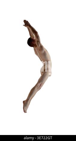 Male dancer jumping upward isolated on white background strong body motion. Stock Photo