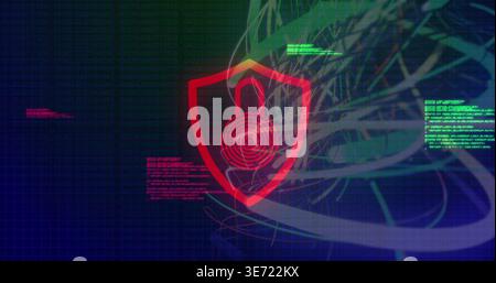 Displaying red shield with padlock and target rings guarding data in virtual dashboard, neon code. Cybersecurity, emblem, lock, digital, interface, gr Stock Photo