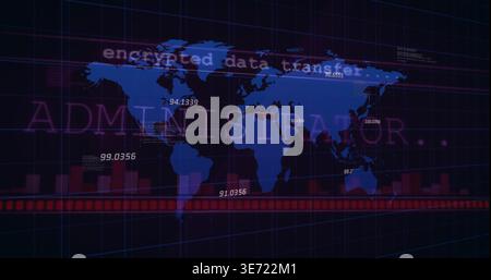 Displaying stylized blue world map on control panel showing ADMINISTRATOR overlay, encrypted tags. Cybersecurity, monitoring, dashboard, ui, neon, geo Stock Photo