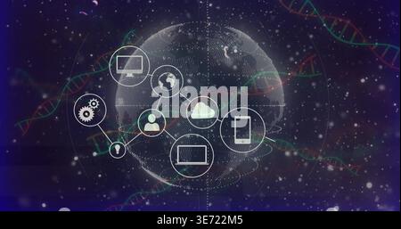 Displaying centered dotted wireframe globe with networked icon nodes in cyberspace, showing DNA. Sphere, mesh, dots, connectivity, network, cloud, dat Stock Photo