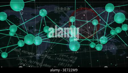 Displaying teal green node cluster with glowing lines over world map and grid, with red highlight. Network, visualization, data, globe, spheres, glow, Stock Photo