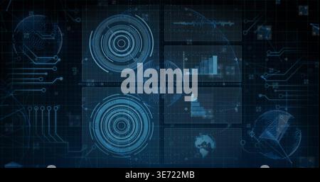 Displaying central 2x2 HUD panels at virtual dashboard, showing radar targets, bar charts, globes. Interface, futuristic, telemetry, analytics, grid, Stock Photo