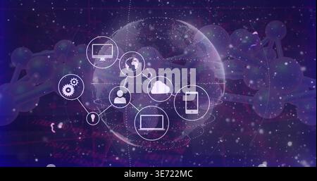 Displaying dotted globe with connected tech icons glowing in virtual network, with DNA shapes. Global, cyberspace, infographic, visualization, connect Stock Photo