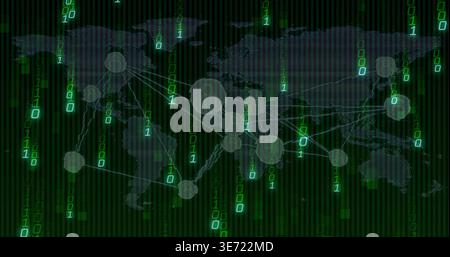 Displaying transparent world map in virtual network with cascading binary digits and nodes. Cyberspace, data, visualization, neon, green, glow, stream Stock Photo