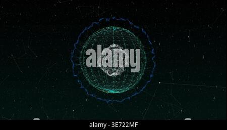 Displaying multicolor spherical network pulsing in virtual deep-space void, with wireframe meshes. Space, cosmic, sphere, grid, geodesic, lattice, nod Stock Photo