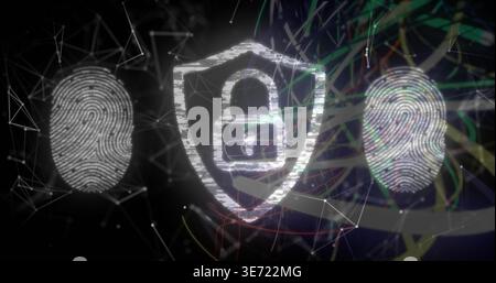 Displaying central shield with padlock on security interface, with fingerprint scans and node mesh. Emblem, lock, biometric, ridges, network, grid, ne Stock Photo