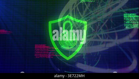 Glowing neon-green shield with padlock floating in dark blue grid, showing rings and red green code. Cybersecurity, interface, holographic, digital, n Stock Photo