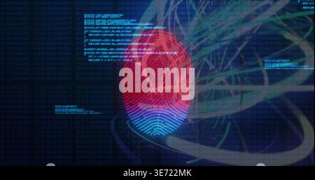 Displaying centered stylized fingerprint with red blue gradient on navy screen, with digits ribbons. Biometrics, authentication, cybersecurity, visual Stock Photo